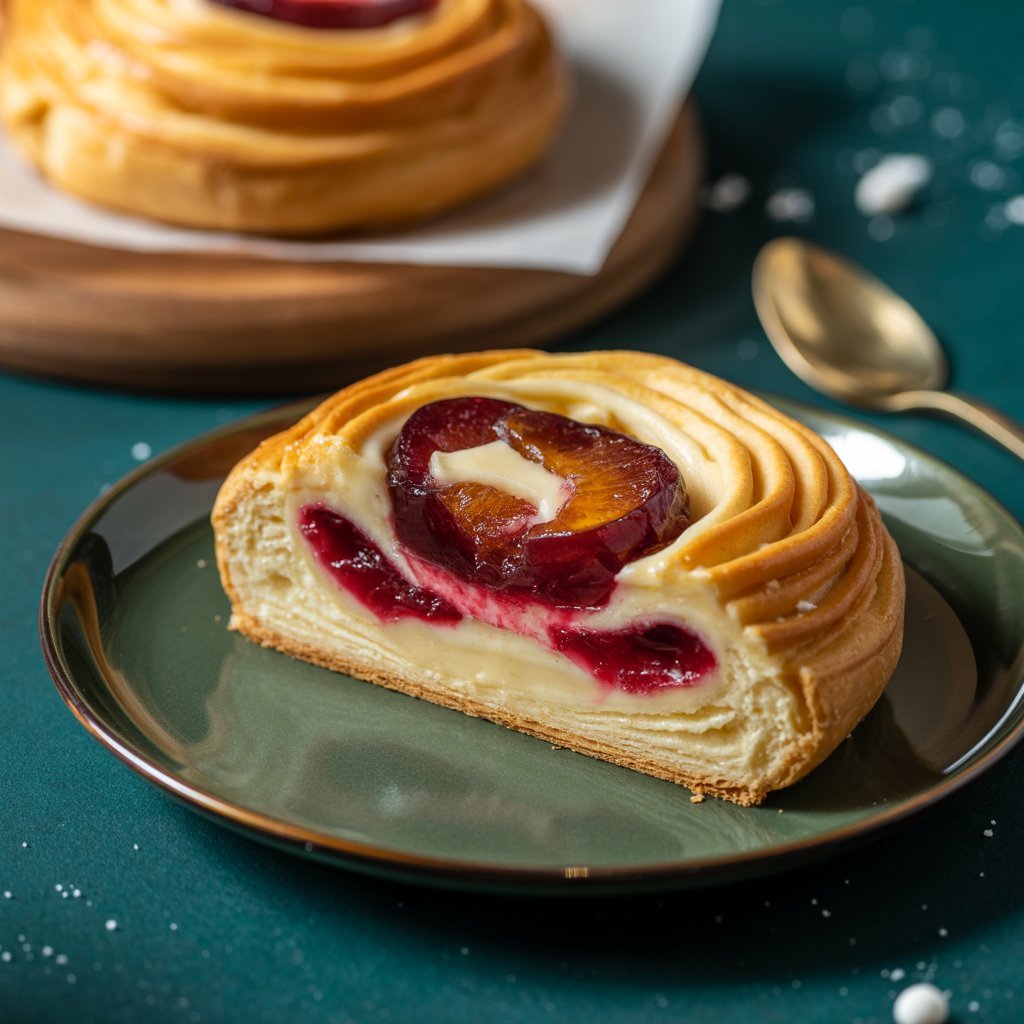 Sugar plum cheese Danish with flaky pastry and fruit glaze