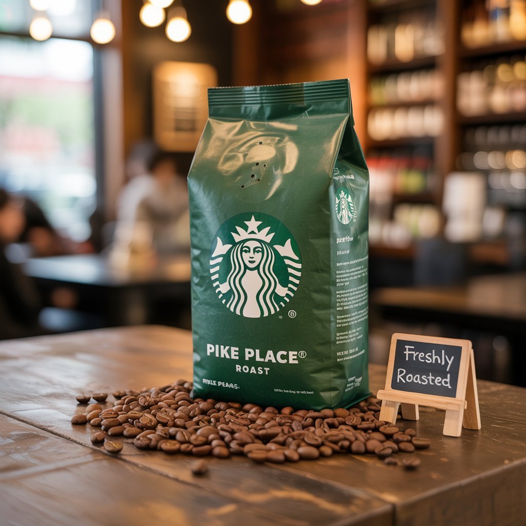 Pike Place medium-roast coffee steaming in classic green-logo cup