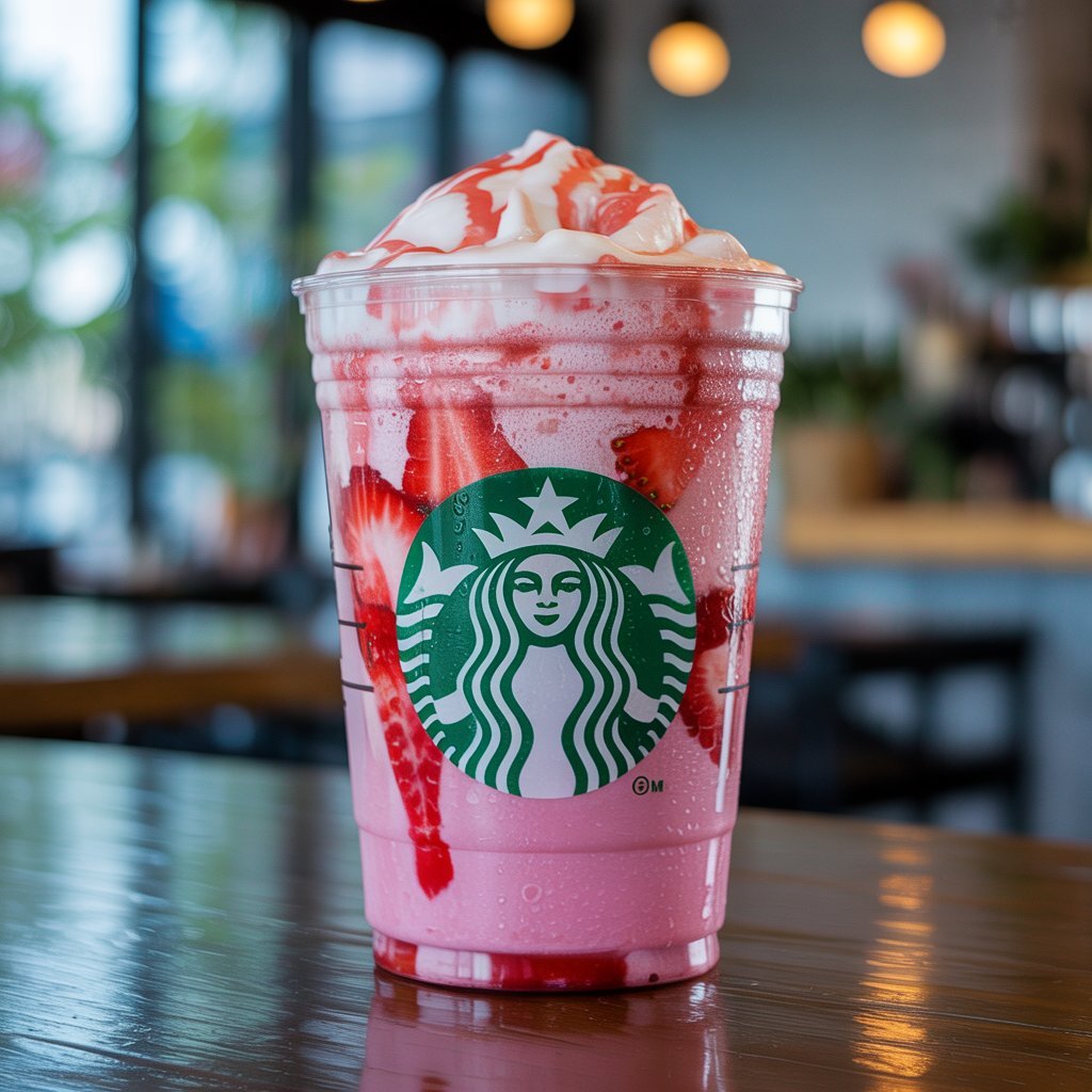 Pink Drink with coconutmilk and strawberries in clear Starbucks cup