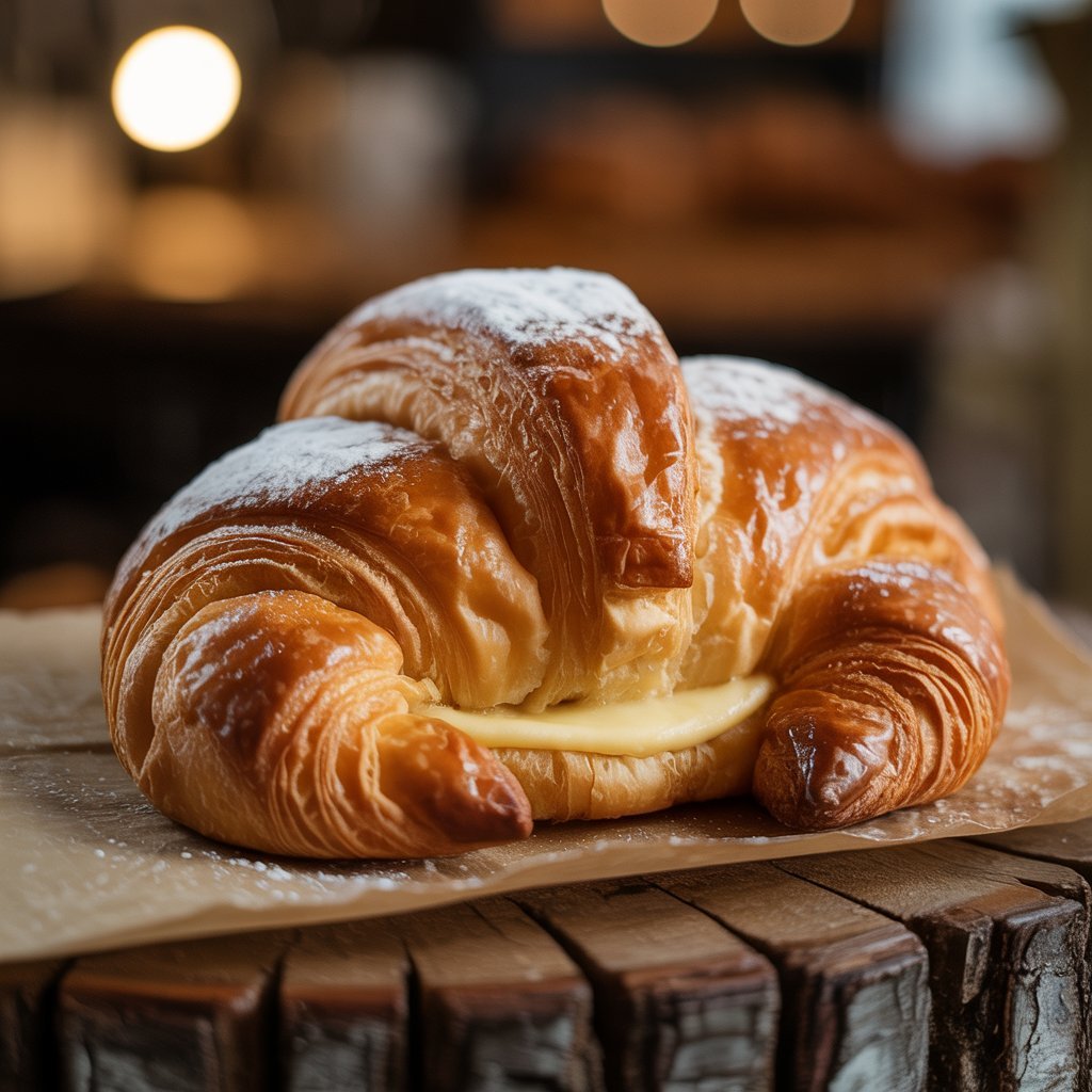 Golden butter croissant on café plate, layered and airy