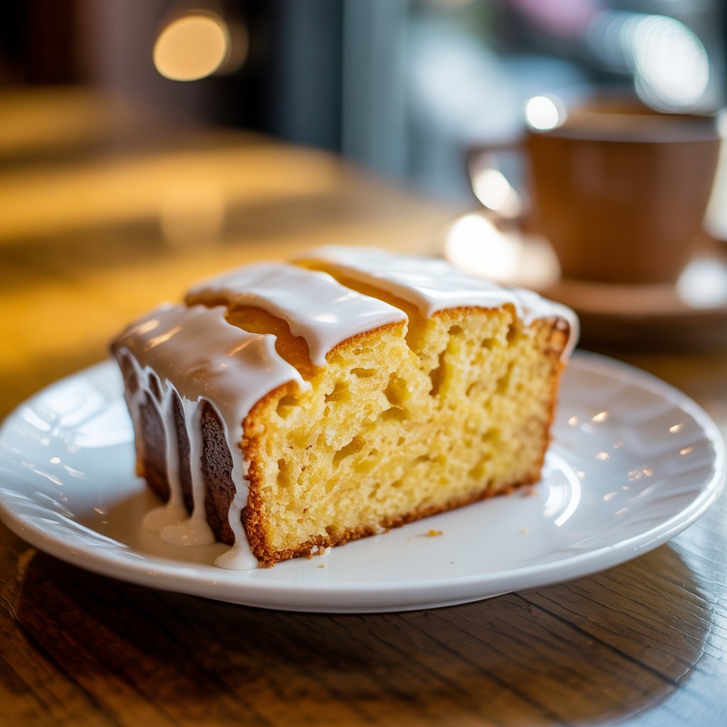 Slice of iced lemon loaf cake with glossy white icing