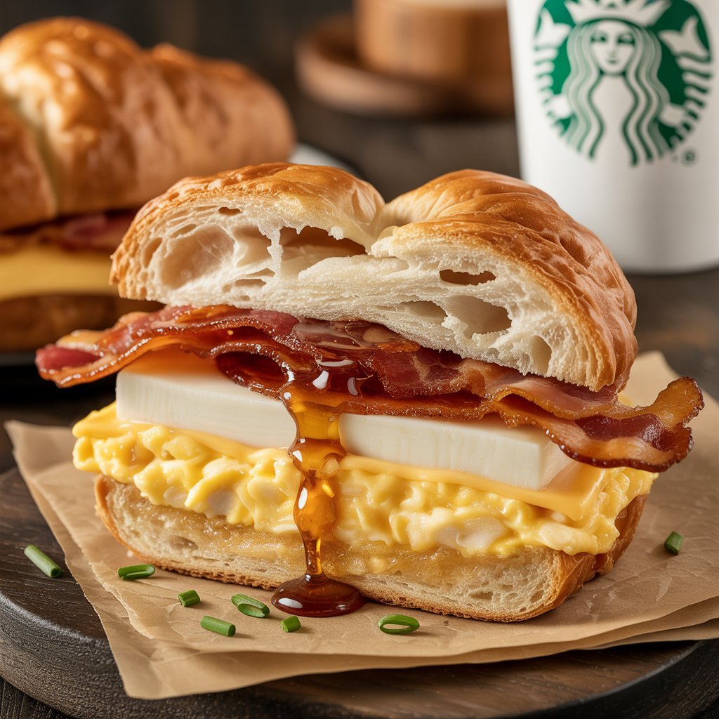 Ciabatta sandwich filled with bacon, Gouda cheese, and egg