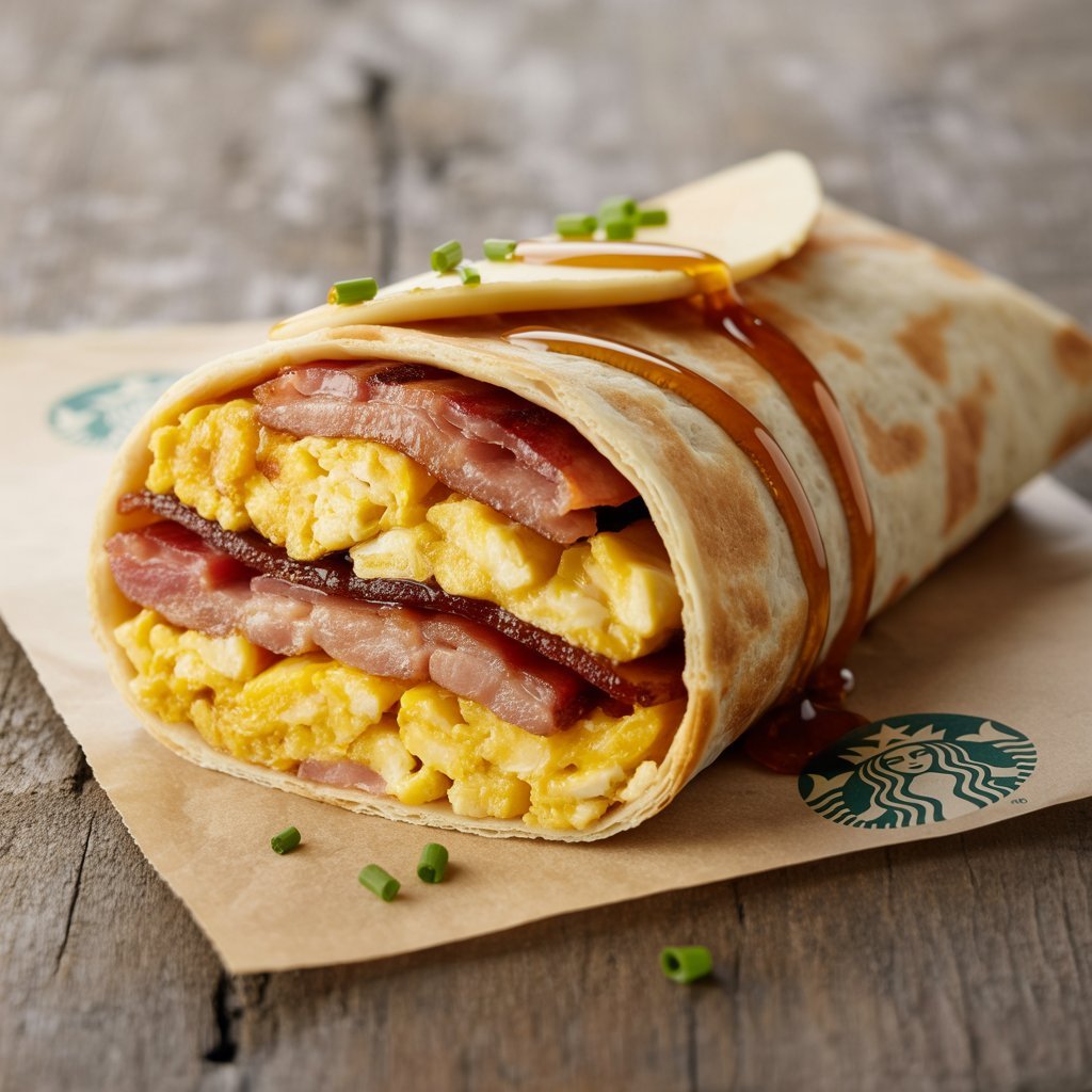 Hearty wrap with bacon, sausage, scrambled egg, and cheese