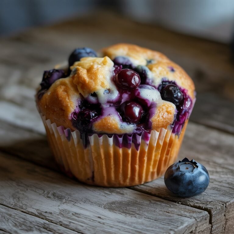 Blueberry muffin bursting with berries and sugar crust top