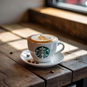 Starbucks Caffè Latte in a white cup topped with light milk foam