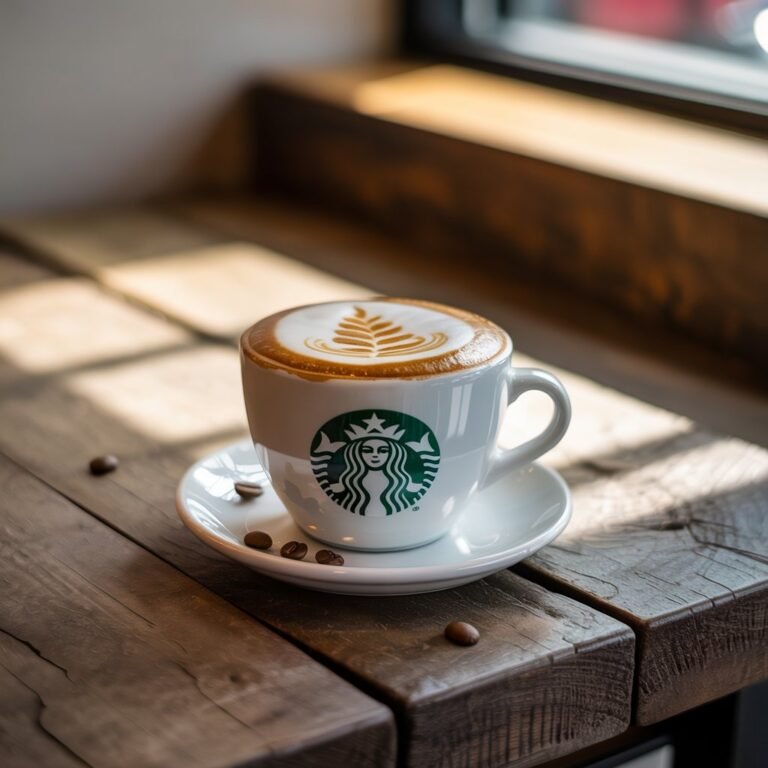 Starbucks Caffè Latte in a white cup topped with light milk foam