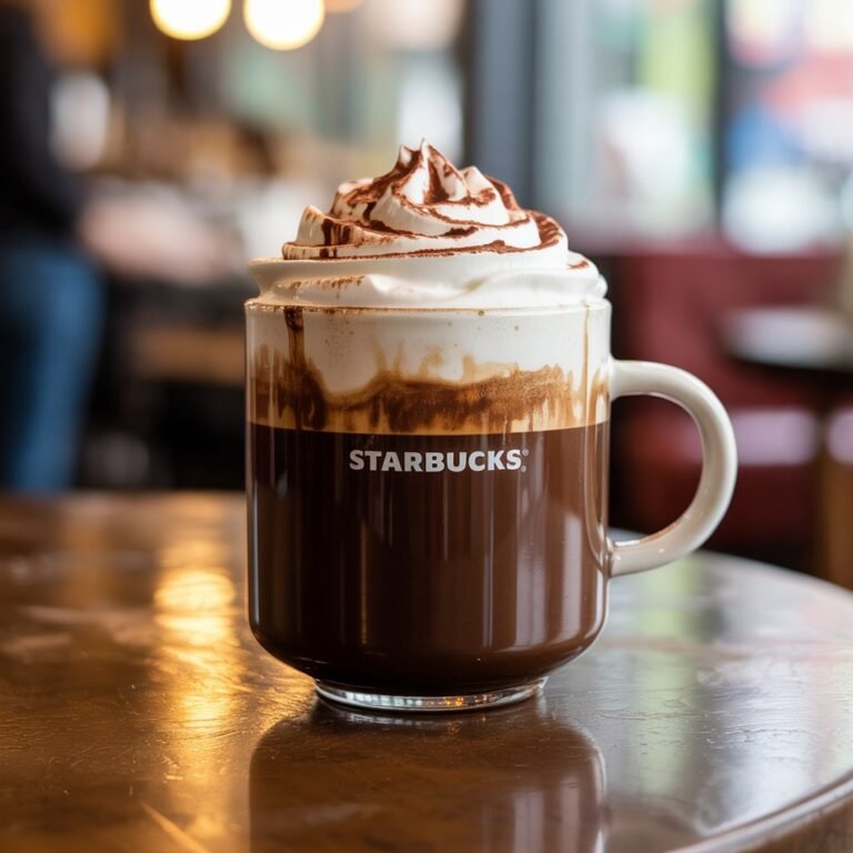 Caffè Mocha topped with whipped cream and chocolate drizzle
