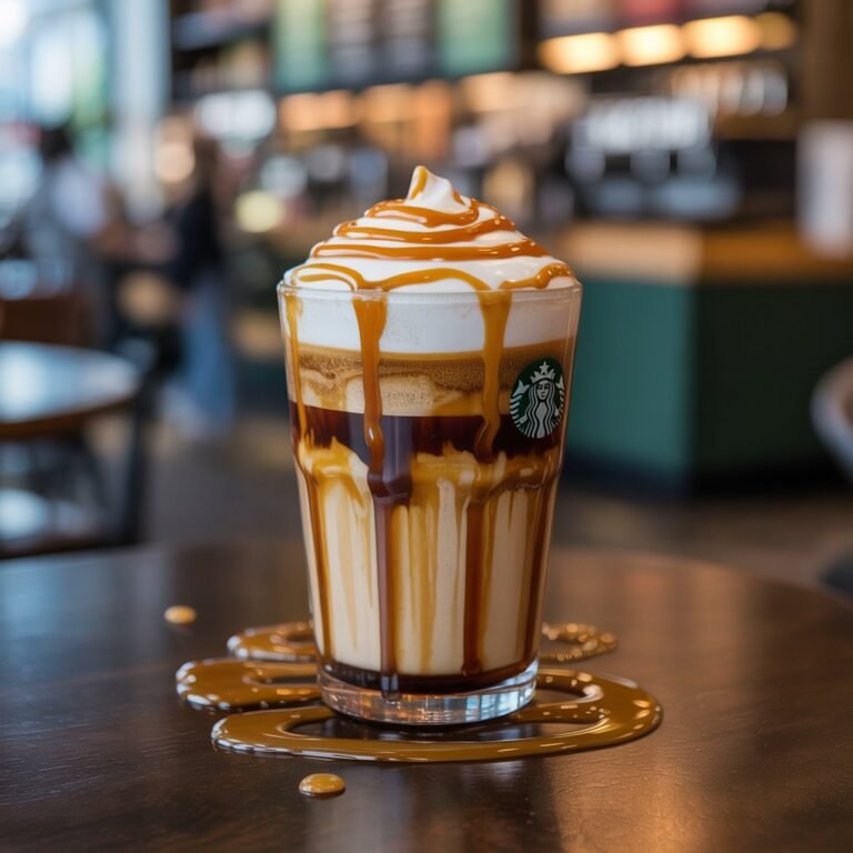 Caramel Macchiato drizzled with caramel over milk and espresso layers