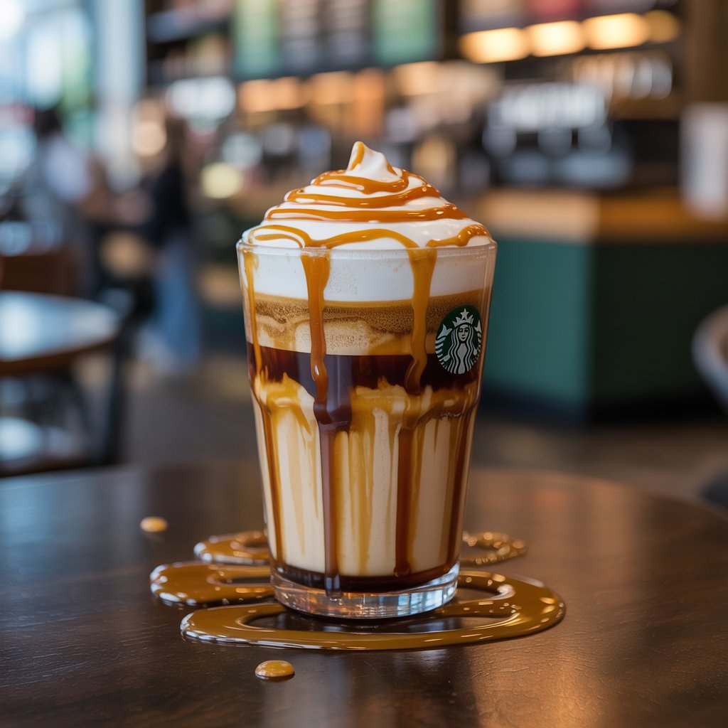 Caramel Macchiato drizzled with caramel over milk and espresso layers