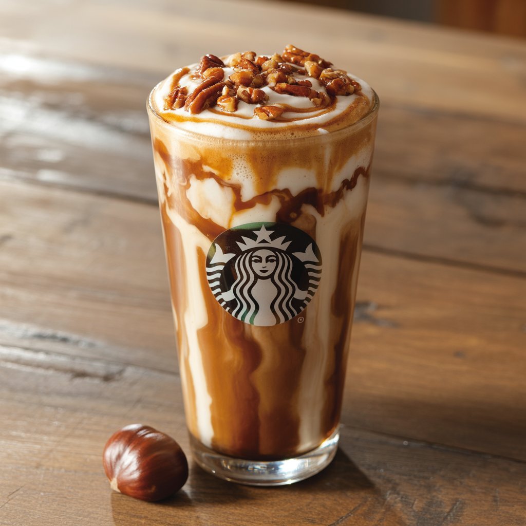 Chestnut Praline Latte topped with spiced praline crumbs