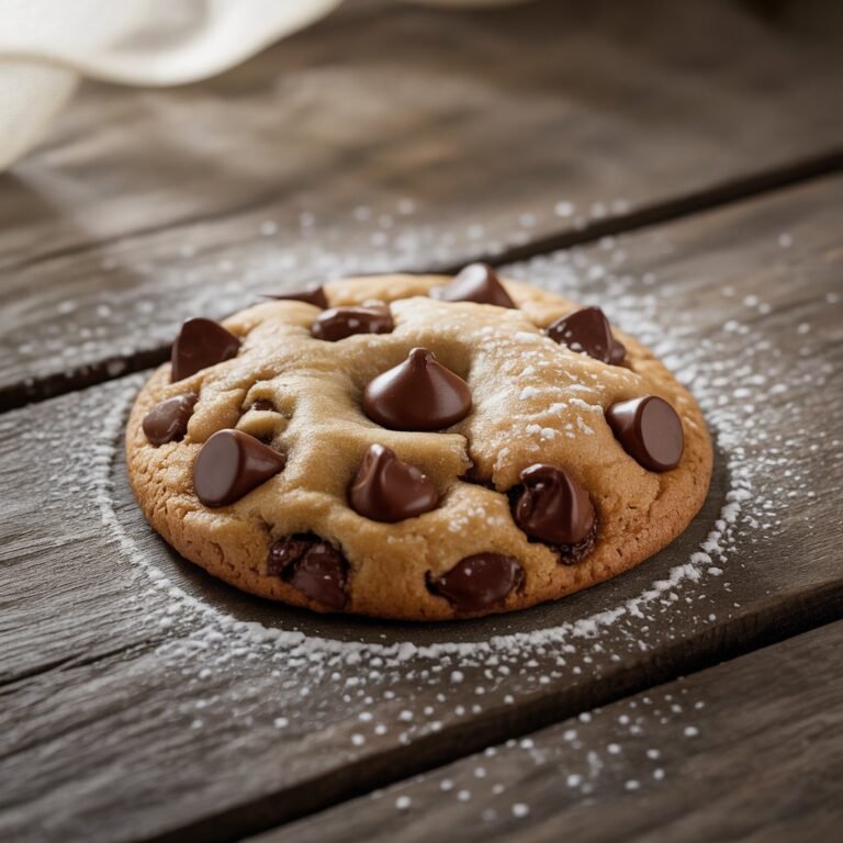 Chocolate chip cookie with gooey melted chips on napkin