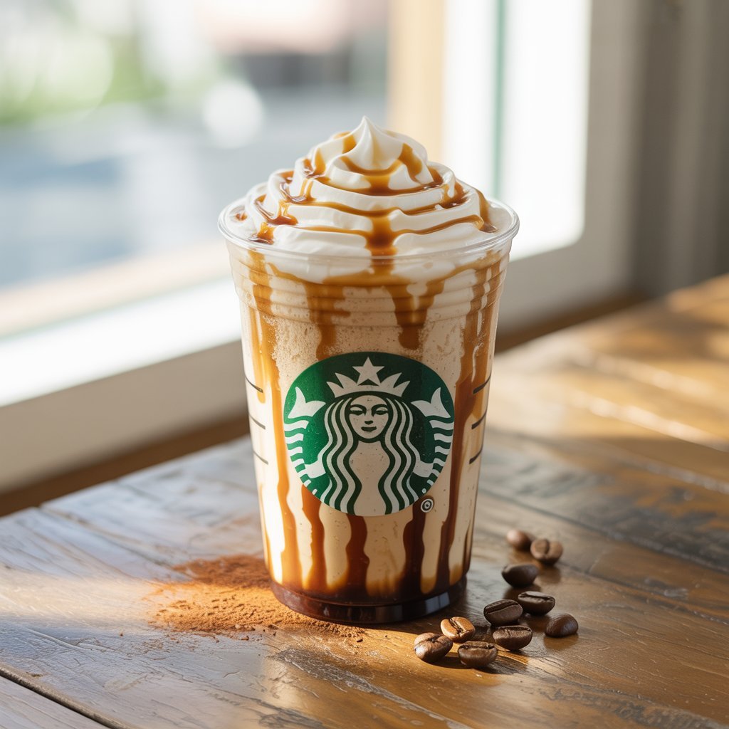 Coffee Frappuccino blended with ice, topped with whipped cream