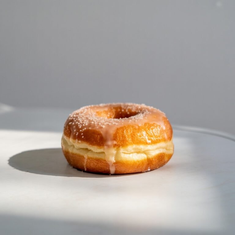 Yeast-raised glazed doughnut with shiny sugar coating
