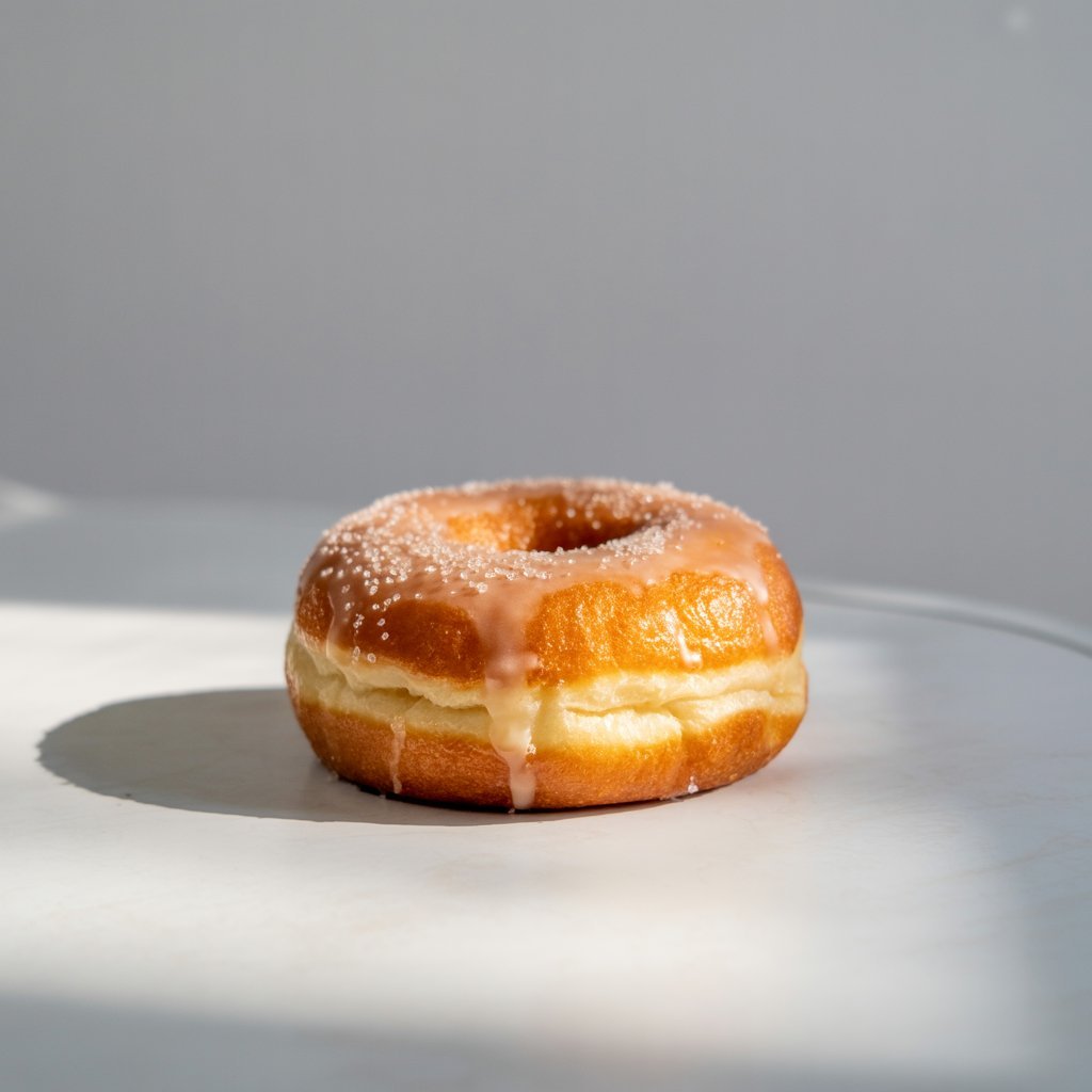 Yeast-raised glazed doughnut with shiny sugar coating