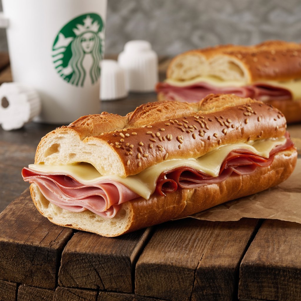 Artisan baguette layered with ham and Swiss cheese