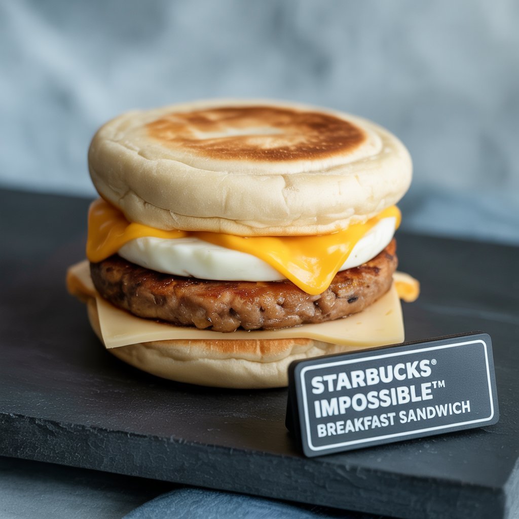 Plant-based sausage, egg, and cheddar on ciabatta roll