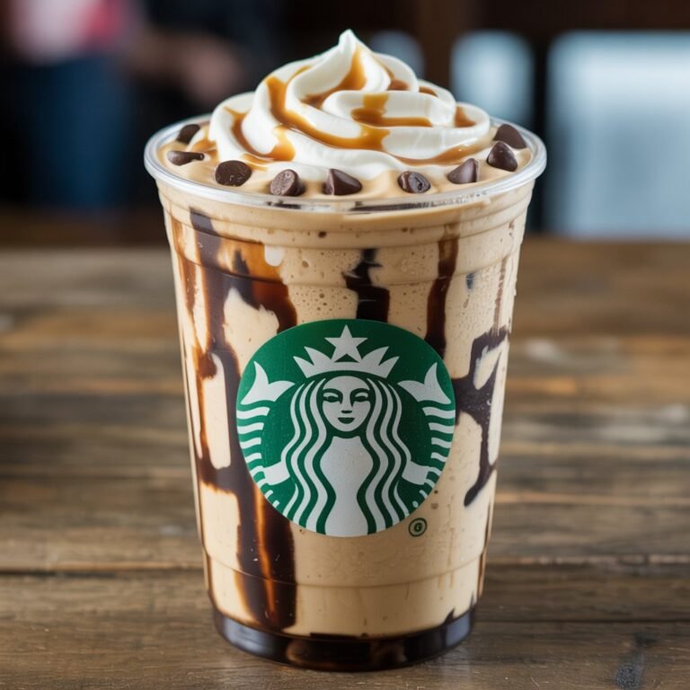 Java Chip Frappuccino showing chocolate chips and mocha drizzle