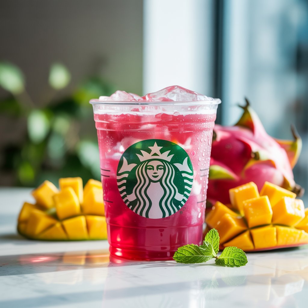 Mango Dragonfruit Refresher with vibrant magenta color and dragonfruit bits