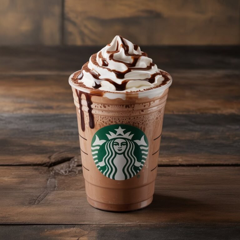 Mocha Frappuccino layered with chocolate sauce and whipped cream