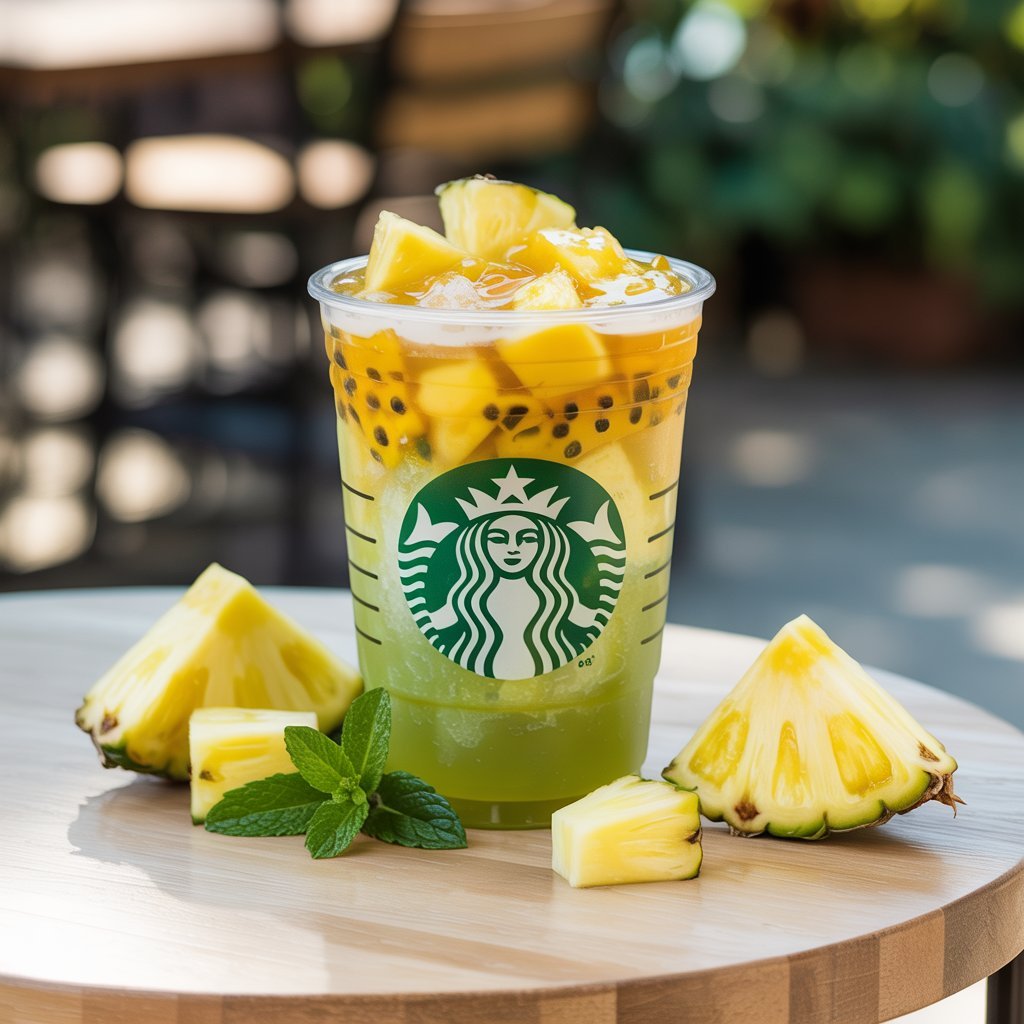 Pineapple Passionfruit Refresher, golden tropical drink on ice