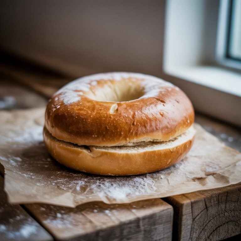 Classic plain bagel sliced and lightly toasted on wooden board