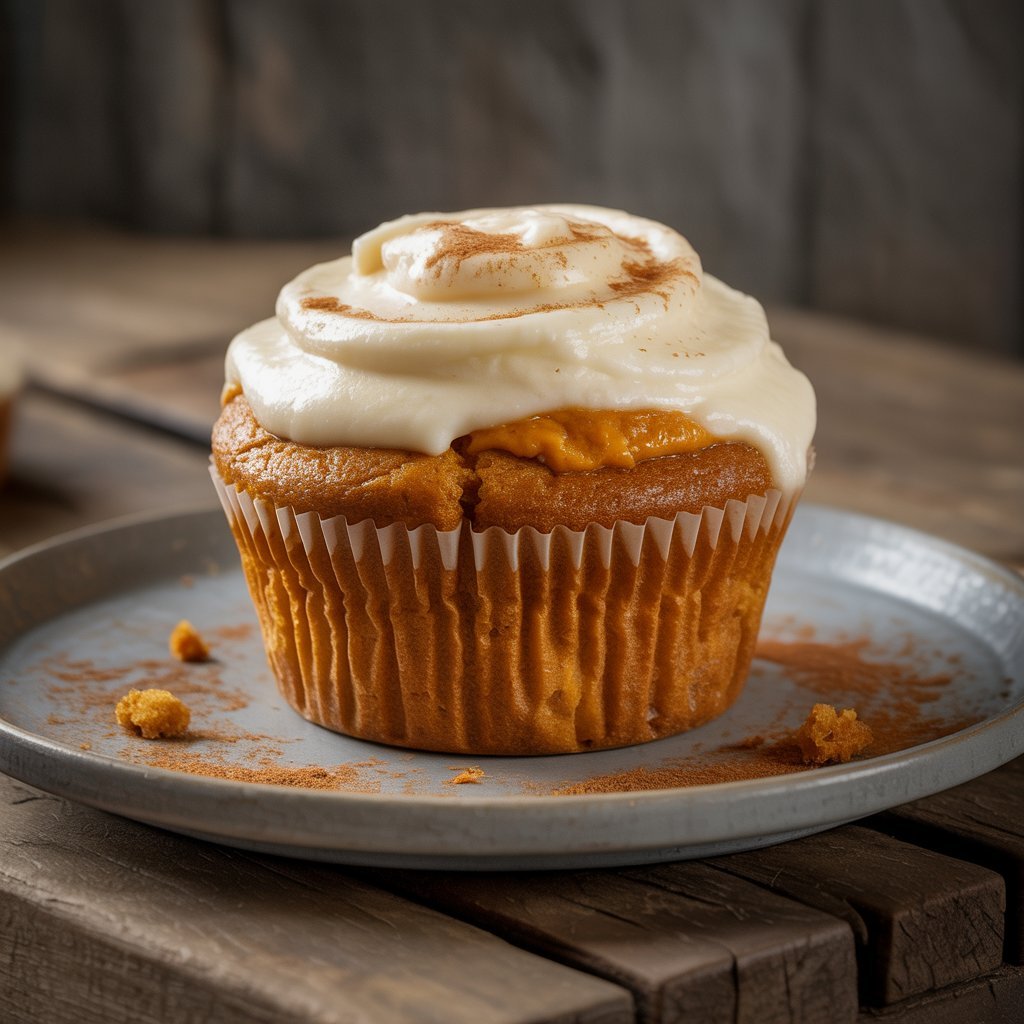Pumpkin muffin filled with cream cheese and topped with pepitas