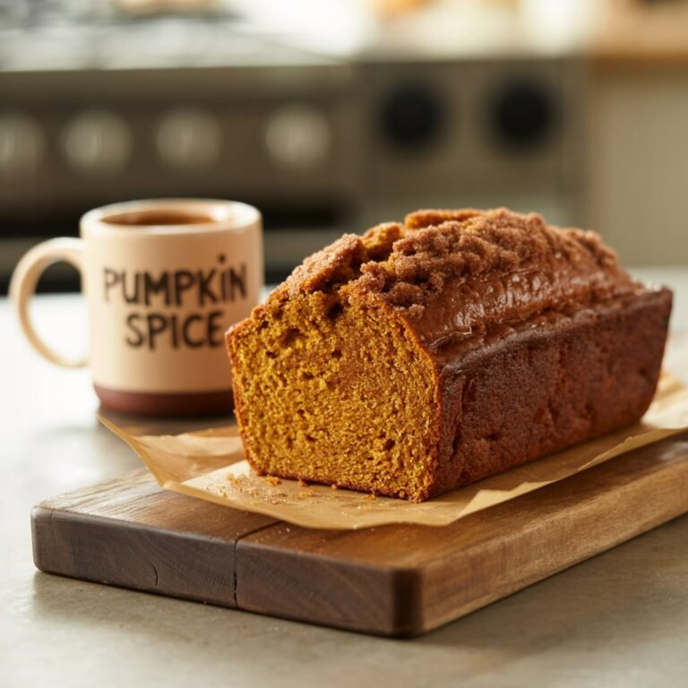 Pumpkin loaf topped with pepita seeds on bakery parchment