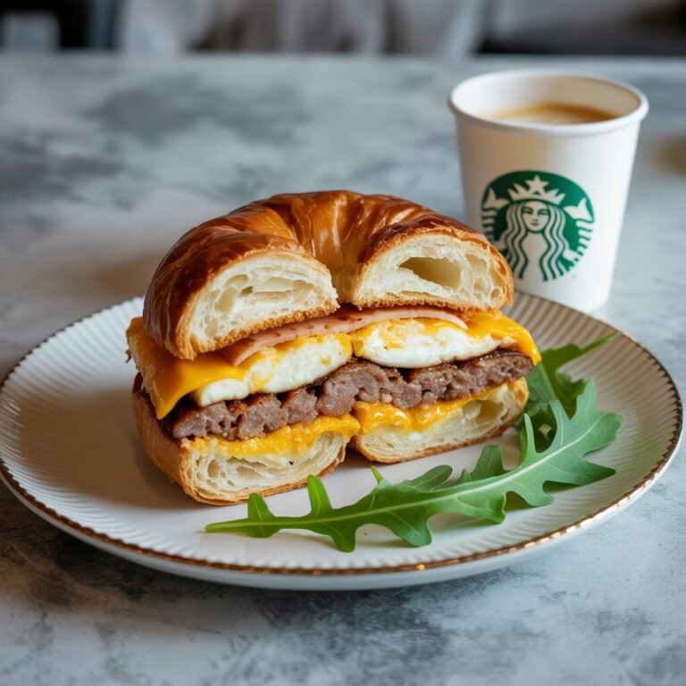 English muffin sandwich with sausage patty, cheddar, and egg