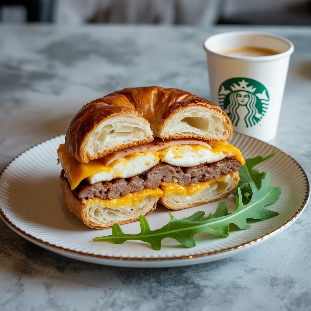 English muffin sandwich with sausage patty, cheddar, and egg