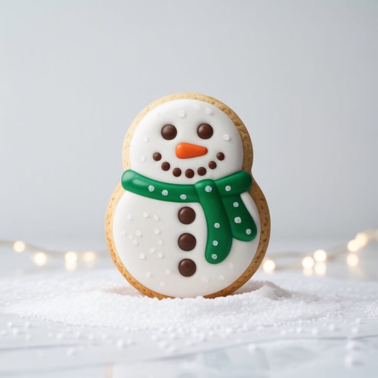 Snowman-shaped shortbread cookie decorated with white icing