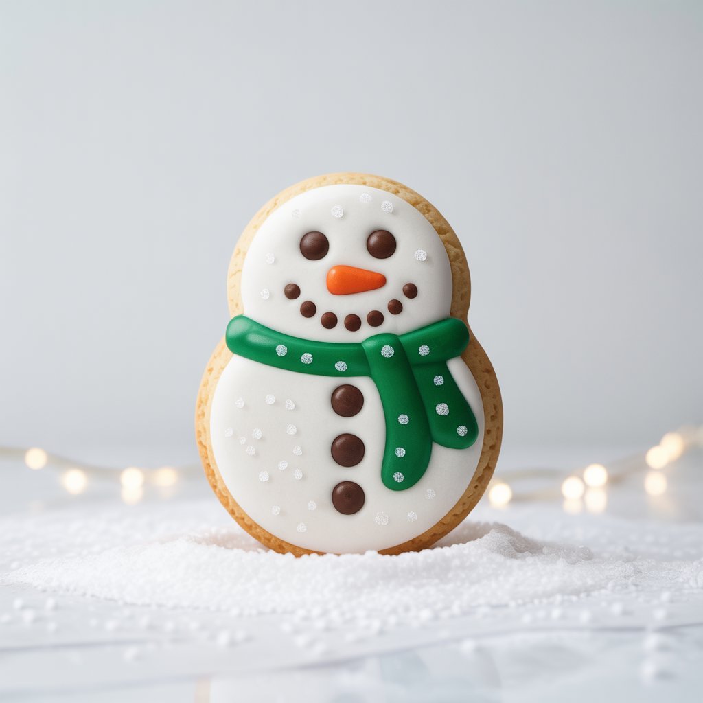 Snowman-shaped shortbread cookie decorated with white icing