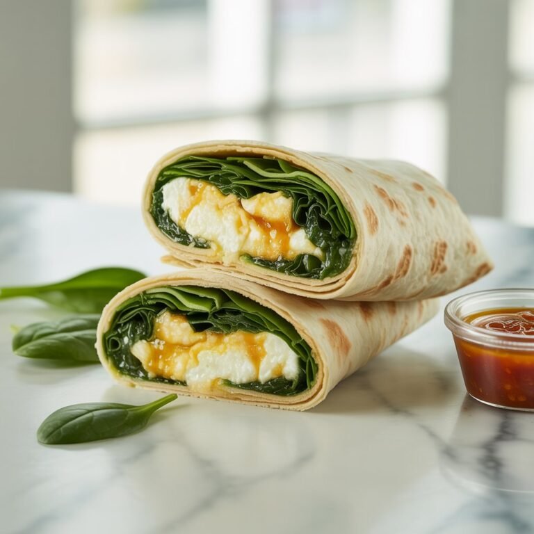 Whole-wheat wrap stuffed with egg whites, spinach, and feta