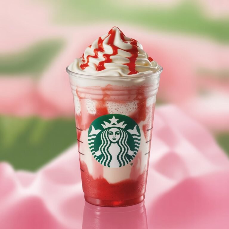 Strawberry Crème Frappuccino with pink swirl and whipped topping