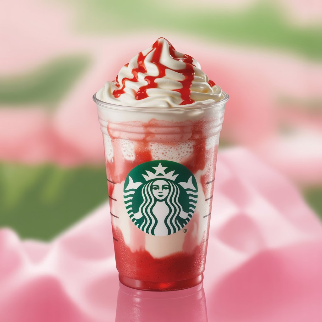 Strawberry Crème Frappuccino with pink swirl and whipped topping