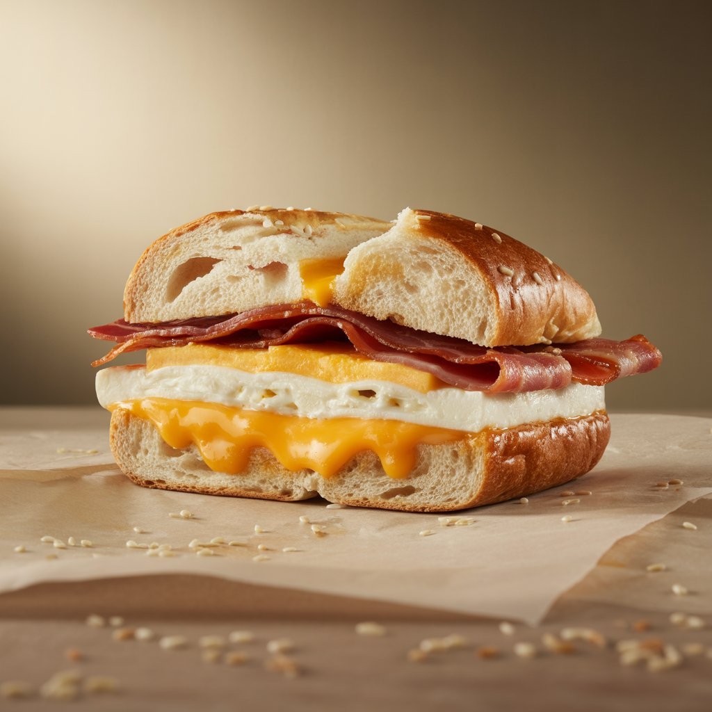 Whole-wheat muffin with turkey bacon, egg whites, and cheddar