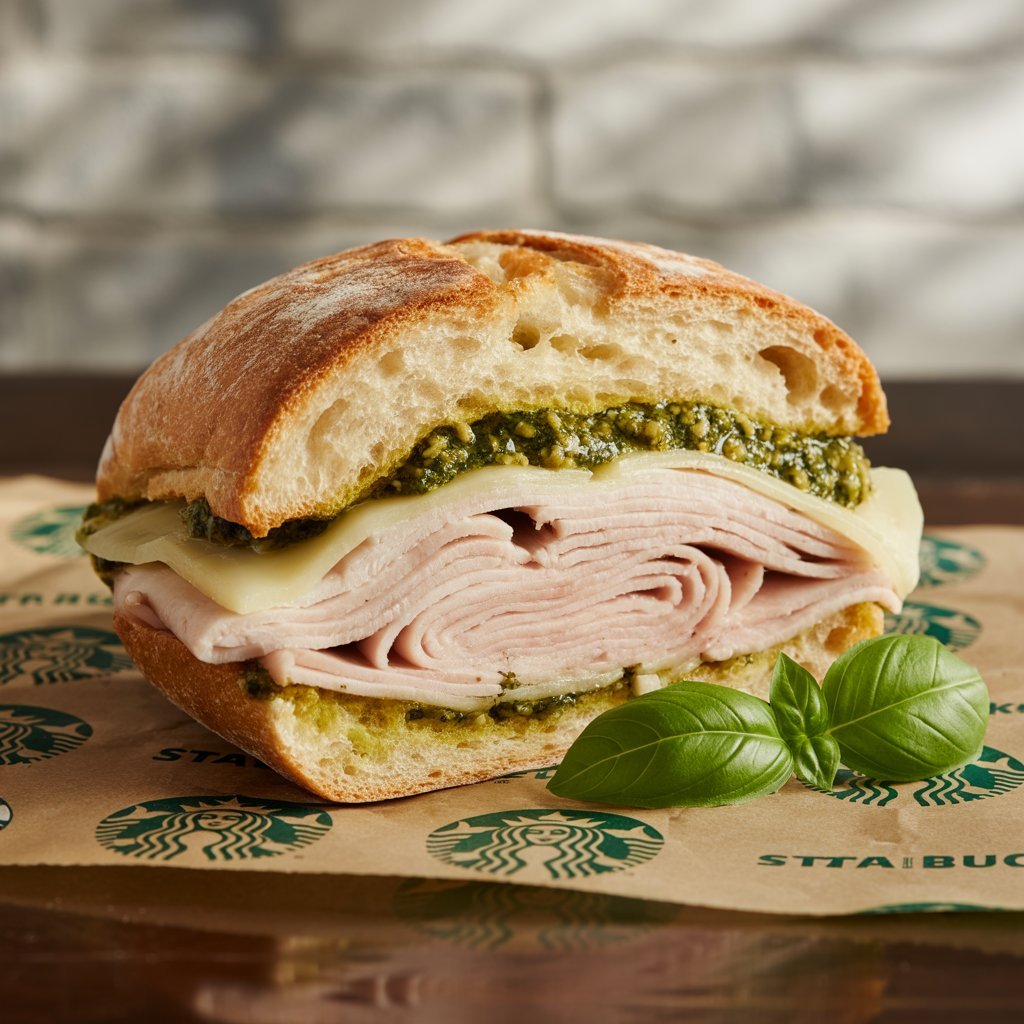 Ciabatta sandwich with turkey, provolone, and basil pesto