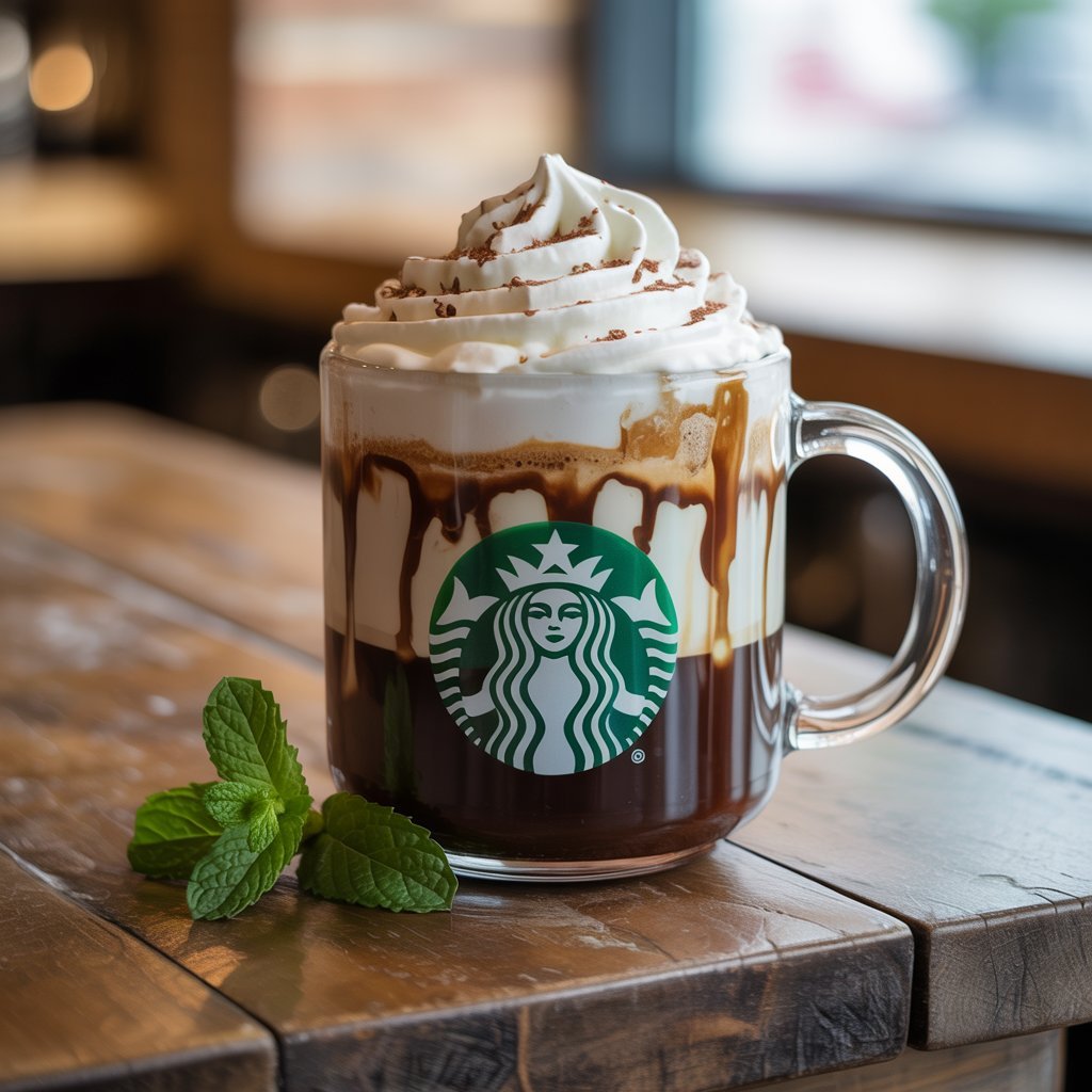 White Chocolate Mocha crowned with whipped cream in Starbucks mug