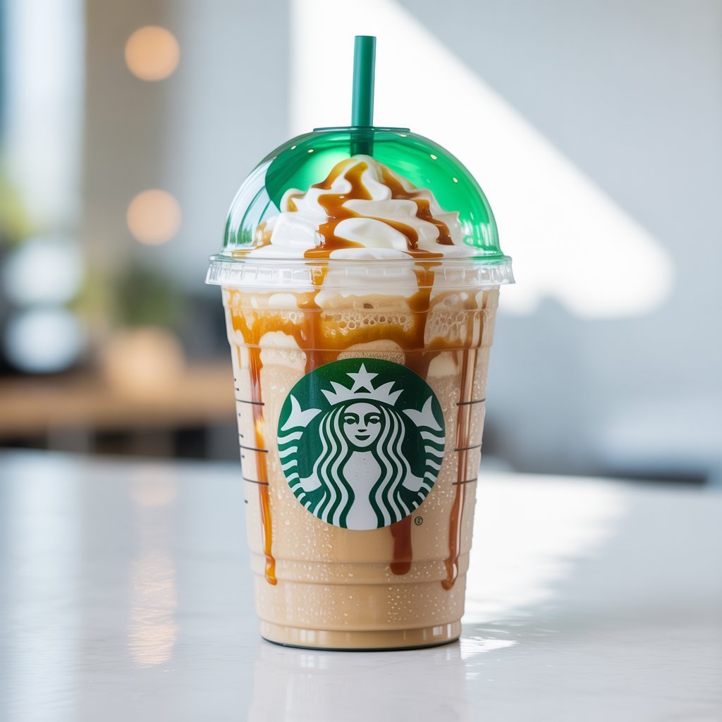 Caramel Frappuccino with whipped cream and caramel drizzle in dome cup